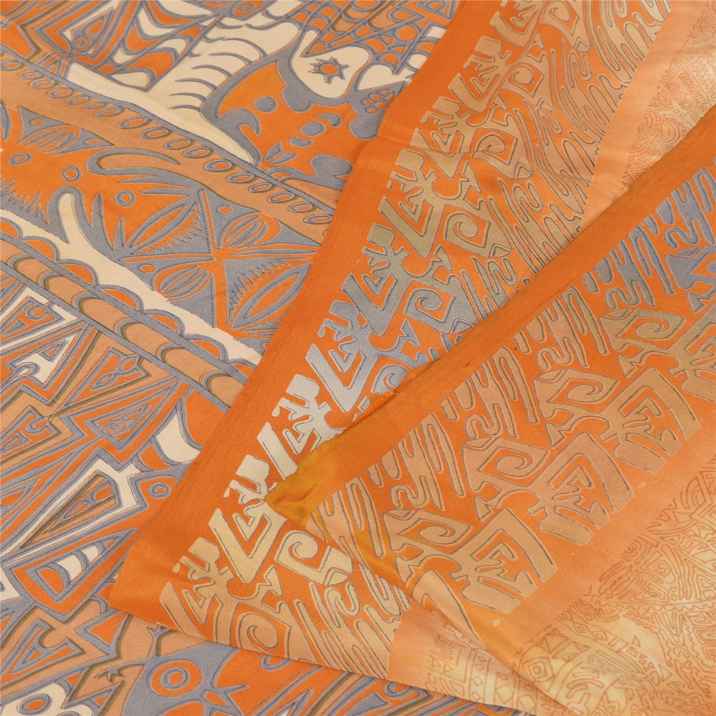 Sanskriti Vintage Sarees Orange Pure Crepe Silk Printed Sari 5+yd Craft Fabric