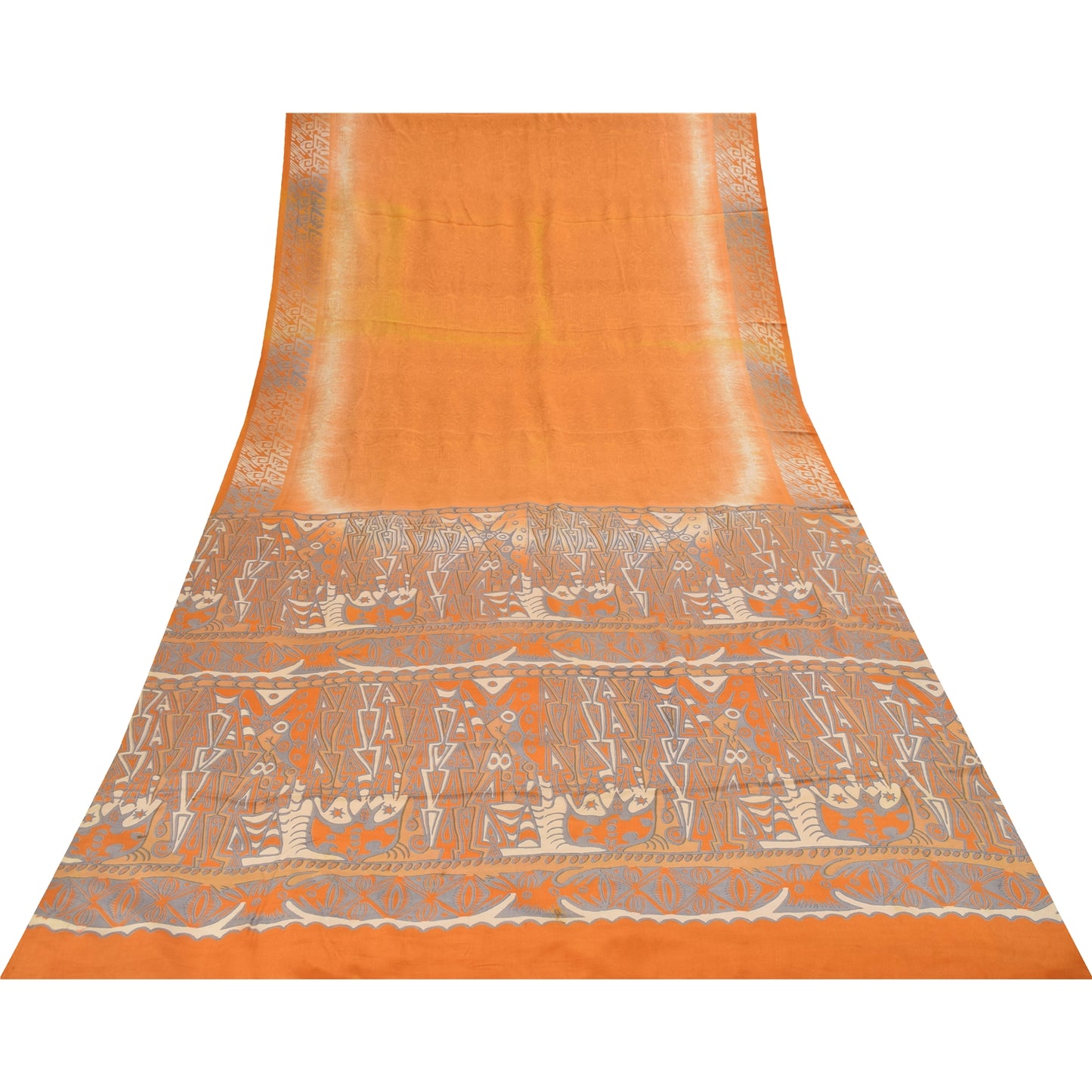 Sanskriti Vintage Sarees Orange Pure Crepe Silk Printed Sari 5+yd Craft Fabric