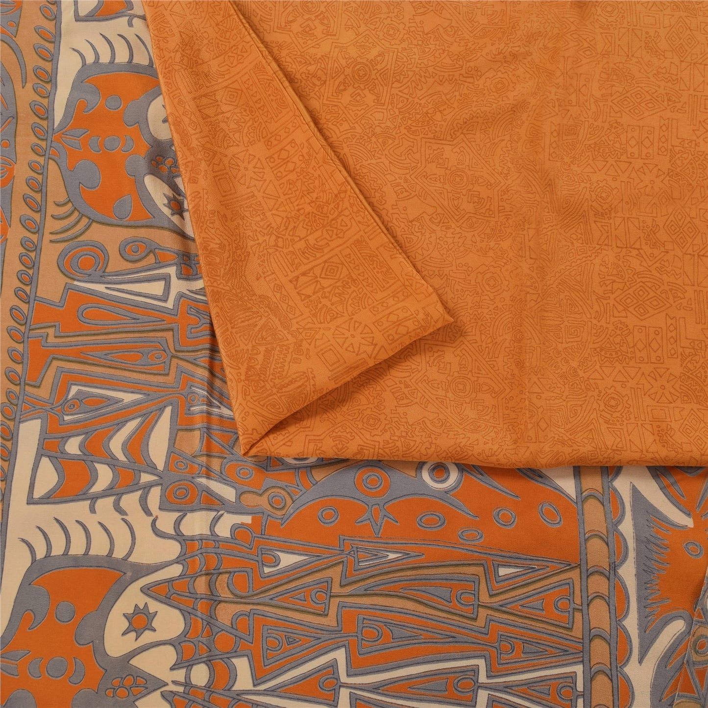 Sanskriti Vintage Sarees Orange Pure Crepe Silk Printed Sari 5+yd Craft Fabric