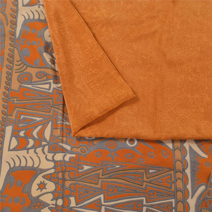 Sanskriti Vintage Sarees Orange Pure Crepe Silk Printed Sari 5+yd Craft Fabric