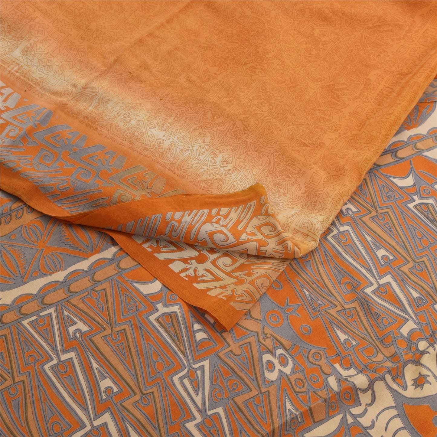 Sanskriti Vintage Sarees Orange Pure Crepe Silk Printed Sari 5+yd Craft Fabric