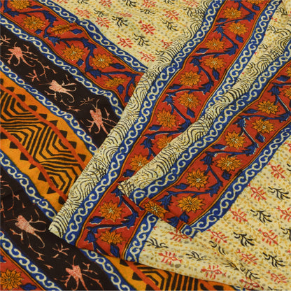 Sanskriti Vintage Sarees Cream Pure Crepe Silk Printed Sari 5+yd Craft Fabric