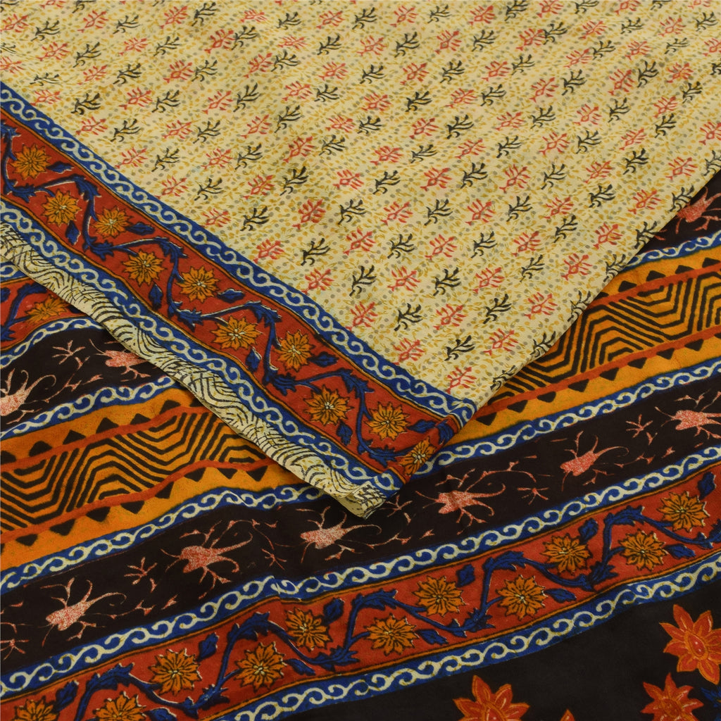 Sanskriti Vintage Sarees Cream Pure Crepe Silk Printed Sari 5+yd Craft Fabric