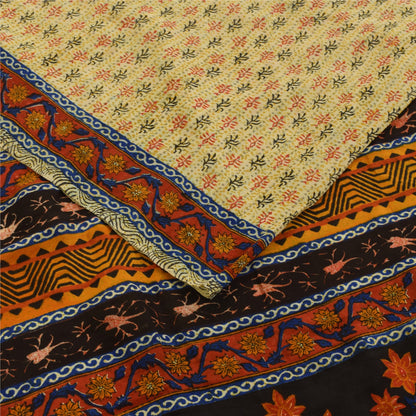 Sanskriti Vintage Sarees Cream Pure Crepe Silk Printed Sari 5+yd Craft Fabric