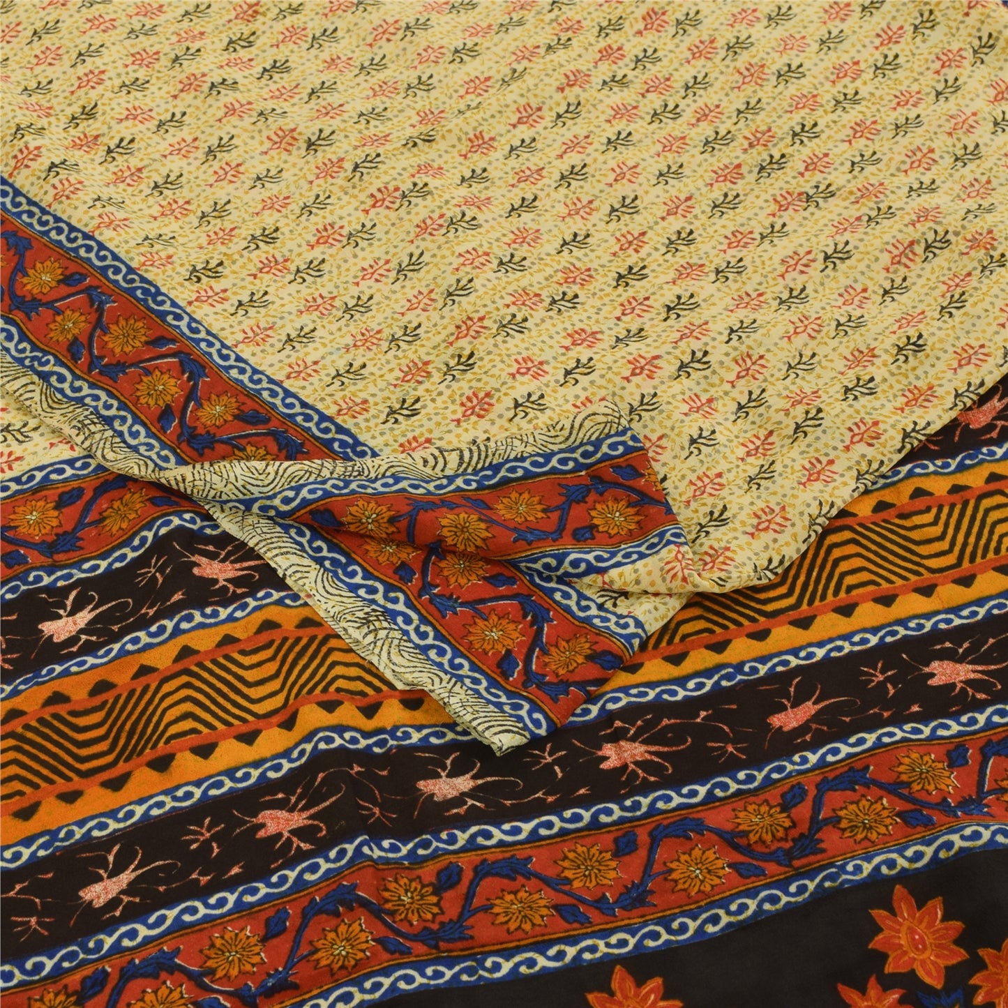 Sanskriti Vintage Sarees Cream Pure Crepe Silk Printed Sari 5+yd Craft Fabric