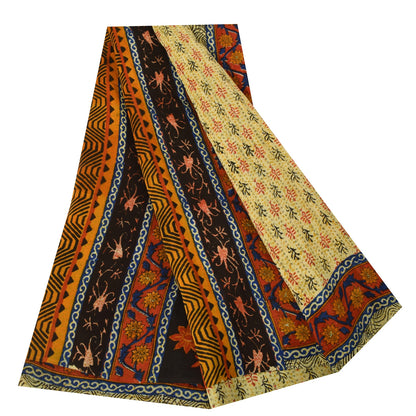 Sanskriti Vintage Sarees Cream Pure Crepe Silk Printed Sari 5+yd Craft Fabric