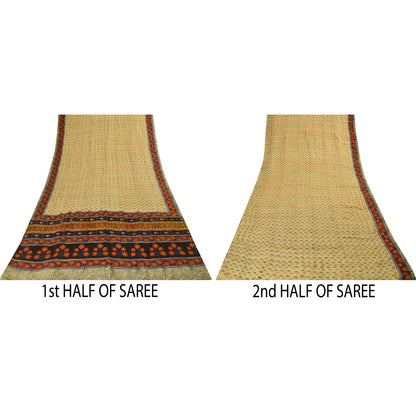 Sanskriti Vintage Sarees Cream Pure Crepe Silk Printed Sari 5+yd Craft Fabric