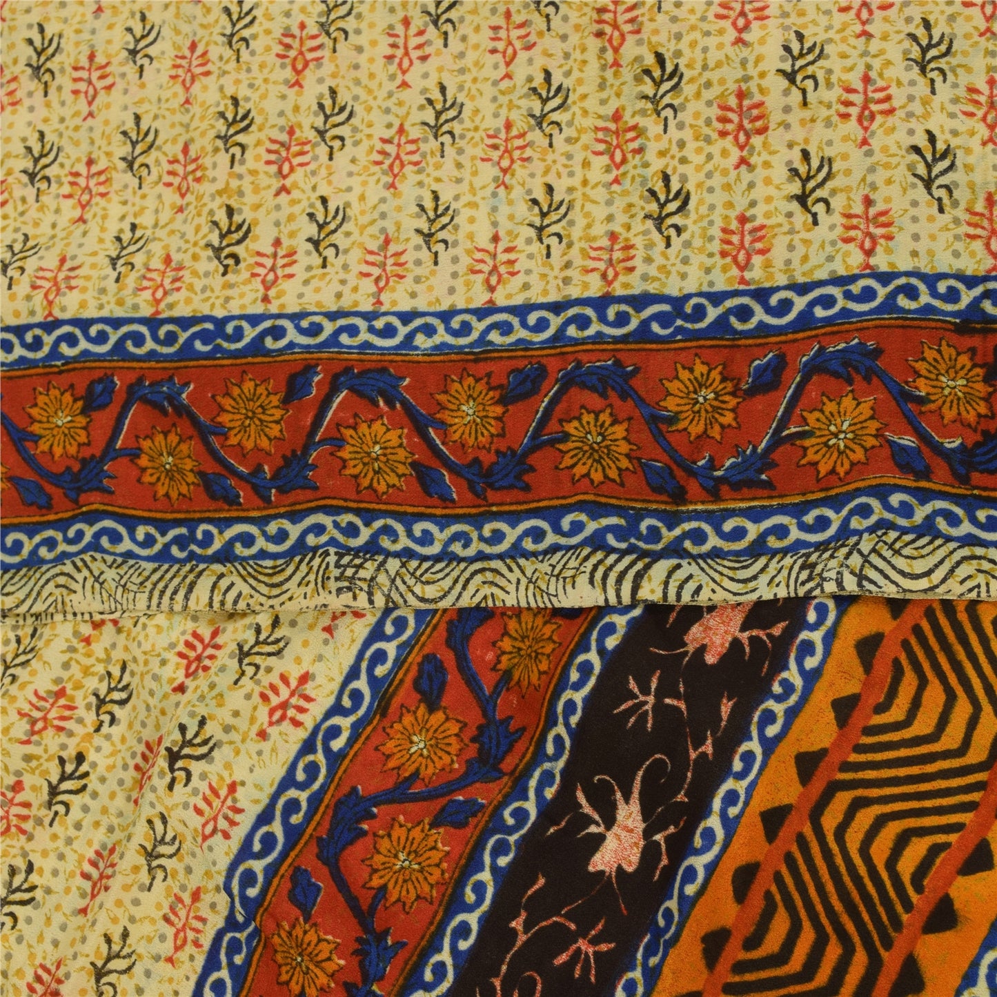 Sanskriti Vintage Sarees Cream Pure Crepe Silk Printed Sari 5+yd Craft Fabric