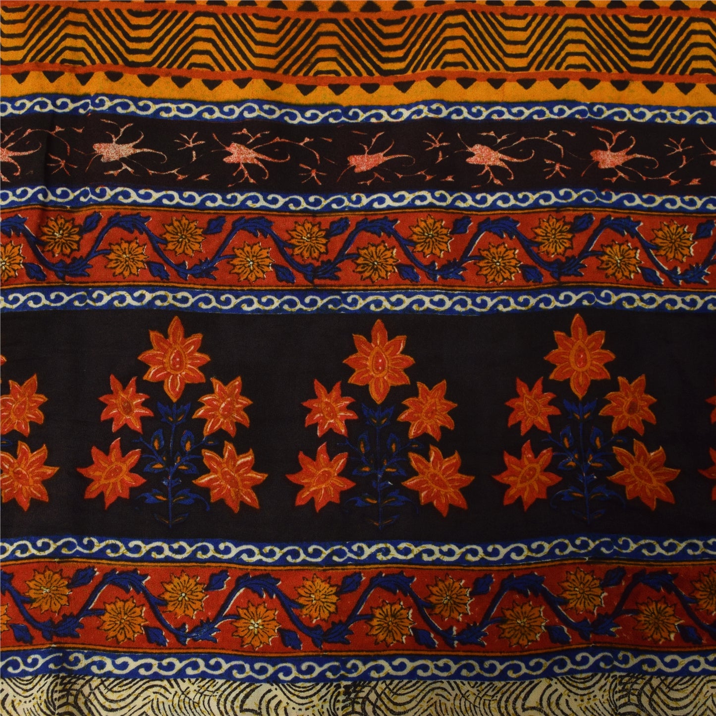 Sanskriti Vintage Sarees Cream Pure Crepe Silk Printed Sari 5+yd Craft Fabric