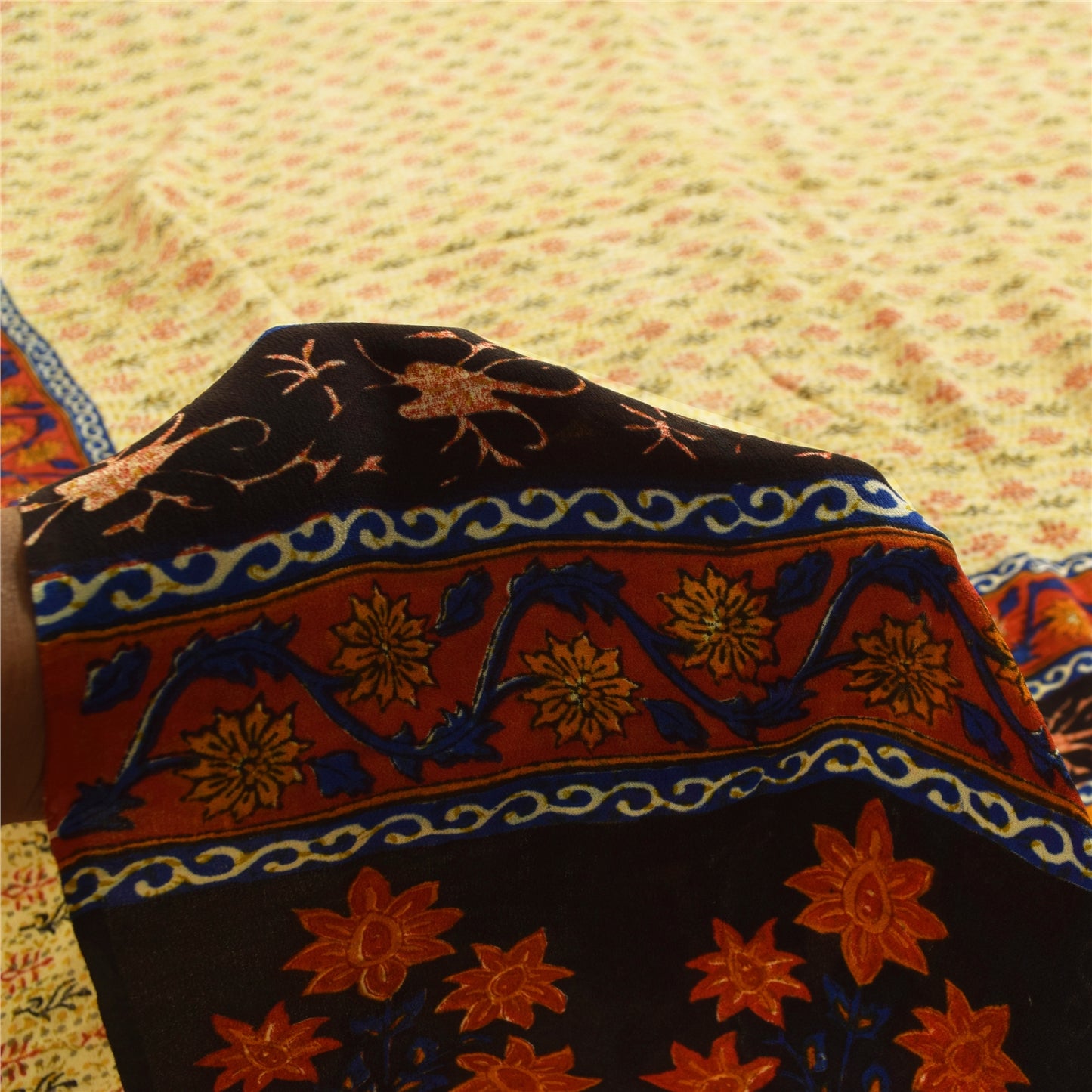 Sanskriti Vintage Sarees Cream Pure Crepe Silk Printed Sari 5+yd Craft Fabric