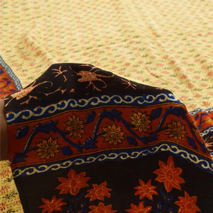 Sanskriti Vintage Sarees Cream Pure Crepe Silk Printed Sari 5+yd Craft Fabric