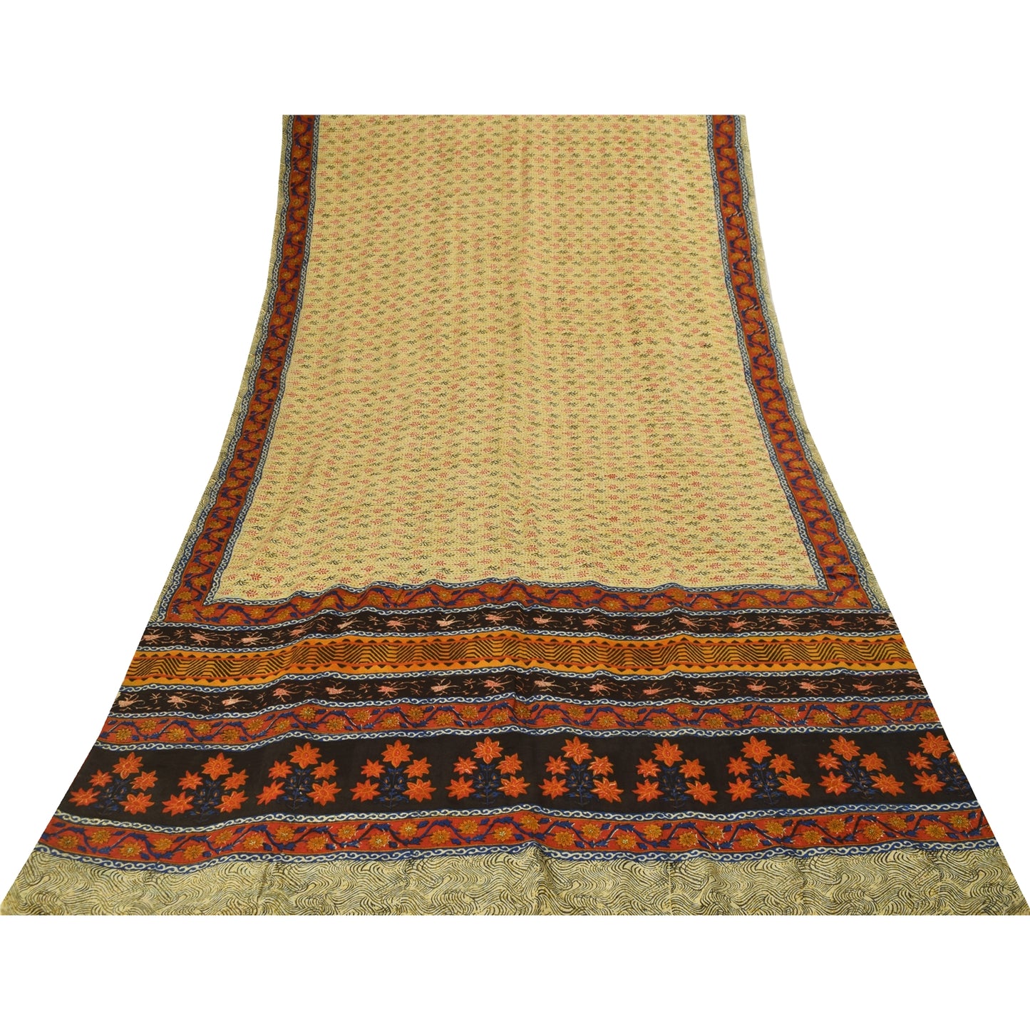 Sanskriti Vintage Sarees Cream Pure Crepe Silk Printed Sari 5+yd Craft Fabric