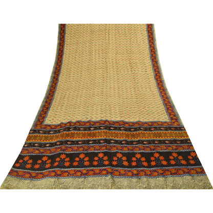 Sanskriti Vintage Sarees Cream Pure Crepe Silk Printed Sari 5+yd Craft Fabric