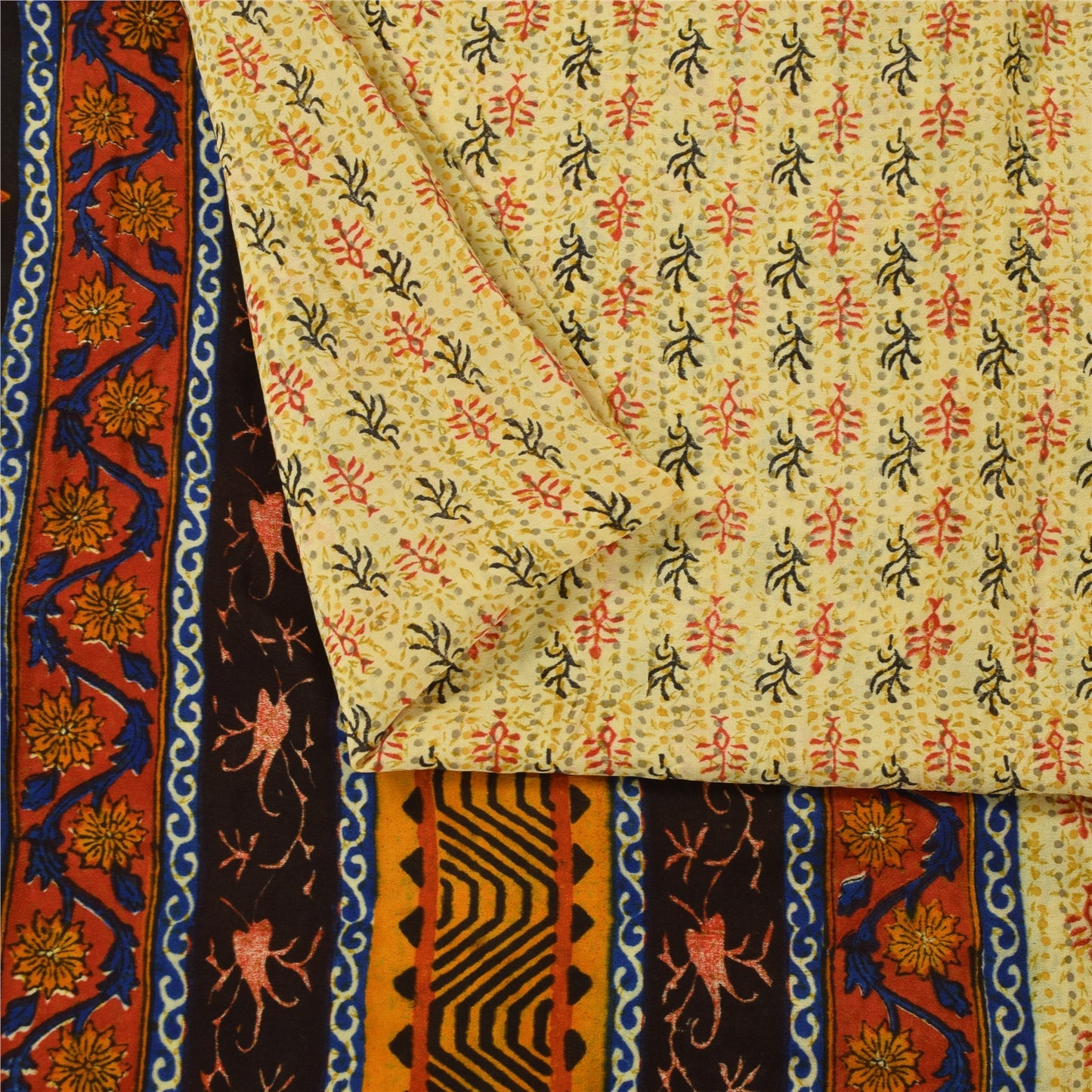 Sanskriti Vintage Sarees Cream Pure Crepe Silk Printed Sari 5+yd Craft Fabric