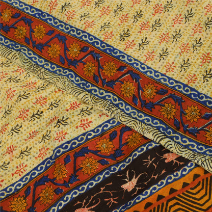 Sanskriti Vintage Sarees Cream Pure Crepe Silk Printed Sari 5+yd Craft Fabric