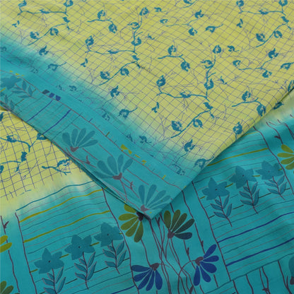 Sanskriti Vintage Sarees Green & Blue Pure Crepe Printed Sari 5+yd Craft Fabric