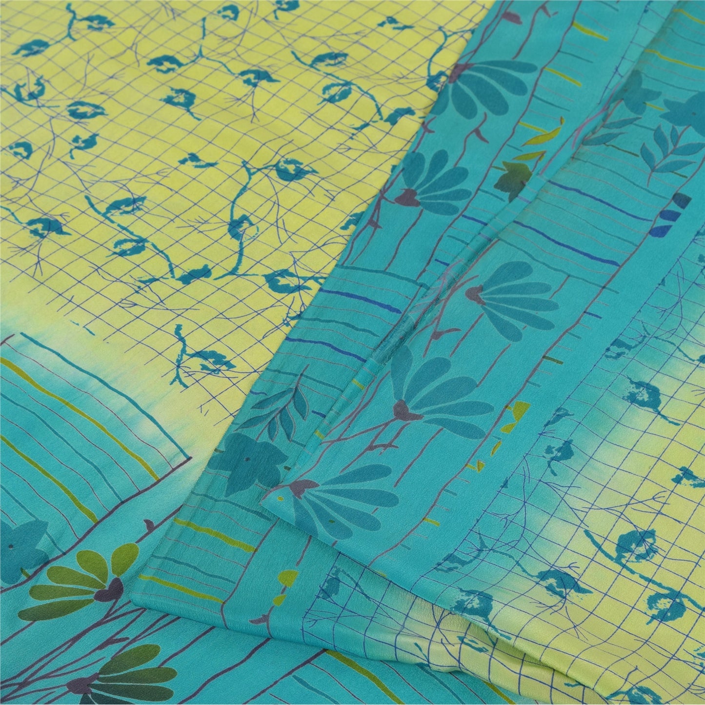 Sanskriti Vintage Sarees Green & Blue Pure Crepe Printed Sari 5+yd Craft Fabric