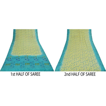 Sanskriti Vintage Sarees Green & Blue Pure Crepe Printed Sari 5+yd Craft Fabric