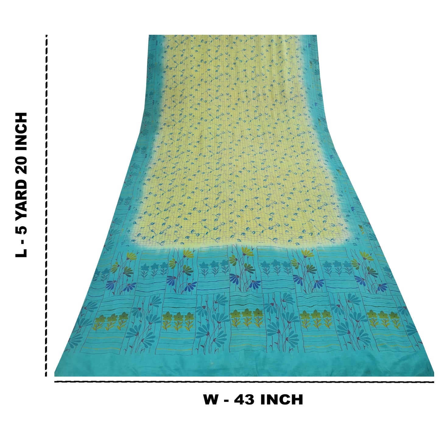 Sanskriti Vintage Sarees Green & Blue Pure Crepe Printed Sari 5+yd Craft Fabric