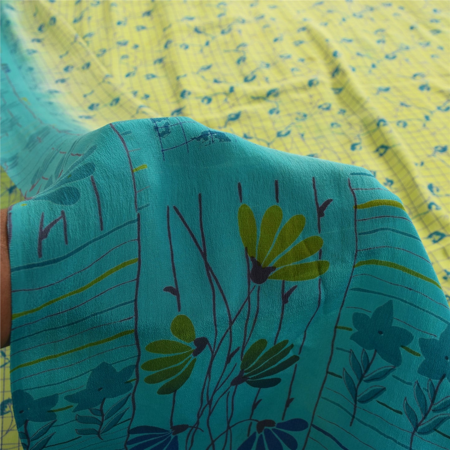 Sanskriti Vintage Sarees Green & Blue Pure Crepe Printed Sari 5+yd Craft Fabric