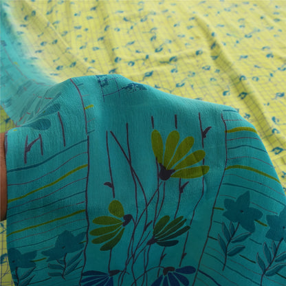 Sanskriti Vintage Sarees Green & Blue Pure Crepe Printed Sari 5+yd Craft Fabric
