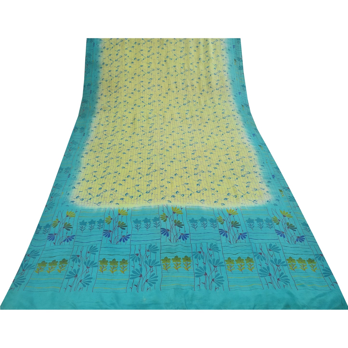 Sanskriti Vintage Sarees Green & Blue Pure Crepe Printed Sari 5+yd Craft Fabric