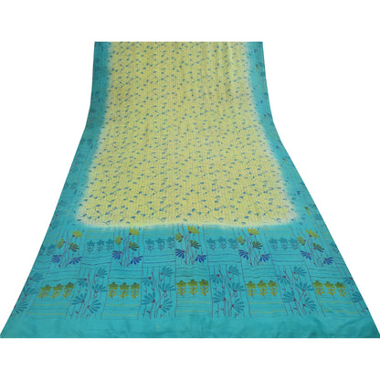 Sanskriti Vintage Sarees Green & Blue Pure Crepe Printed Sari 5+yd Craft Fabric