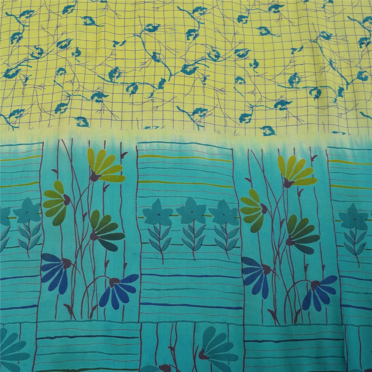 Sanskriti Vintage Sarees Green & Blue Pure Crepe Printed Sari 5+yd Craft Fabric