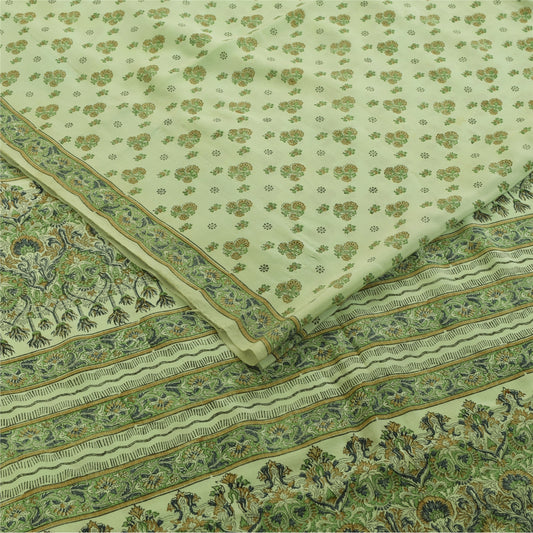 Sanskriti Vintage Sarees Ivory & Green Pure Crepe Printed Sari 5+yd Craft Fabric