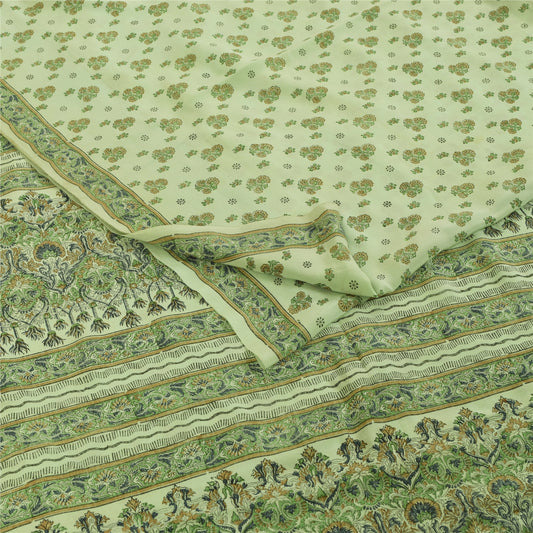 Sanskriti Vintage Sarees Ivory & Green Pure Crepe Printed Sari 5+yd Craft Fabric