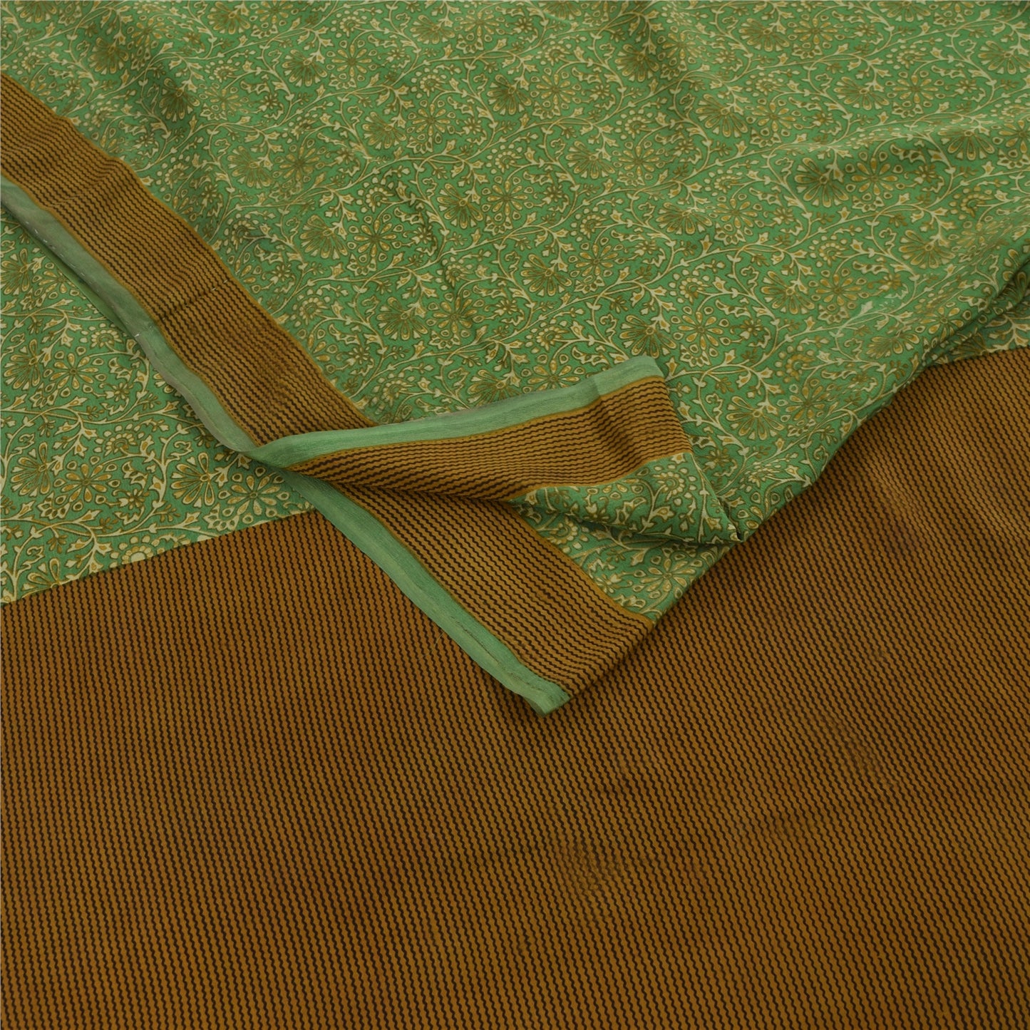 Sanskriti Vintage Sarees Green Pure Crepe Silk Printed Sari 5+yd Craft Fabric