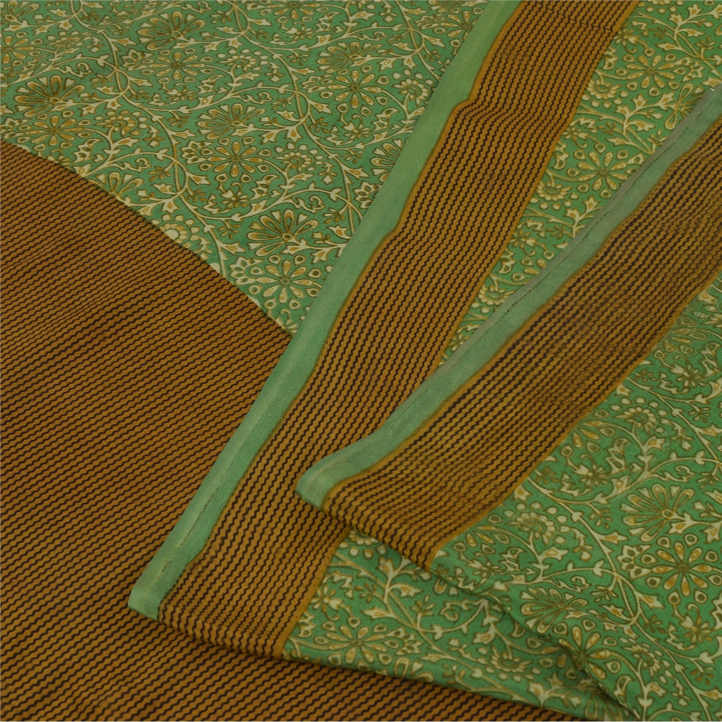 Sanskriti Vintage Sarees Green Pure Crepe Silk Printed Sari 5+yd Craft Fabric