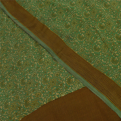 Sanskriti Vintage Sarees Green Pure Crepe Silk Printed Sari 5+yd Craft Fabric