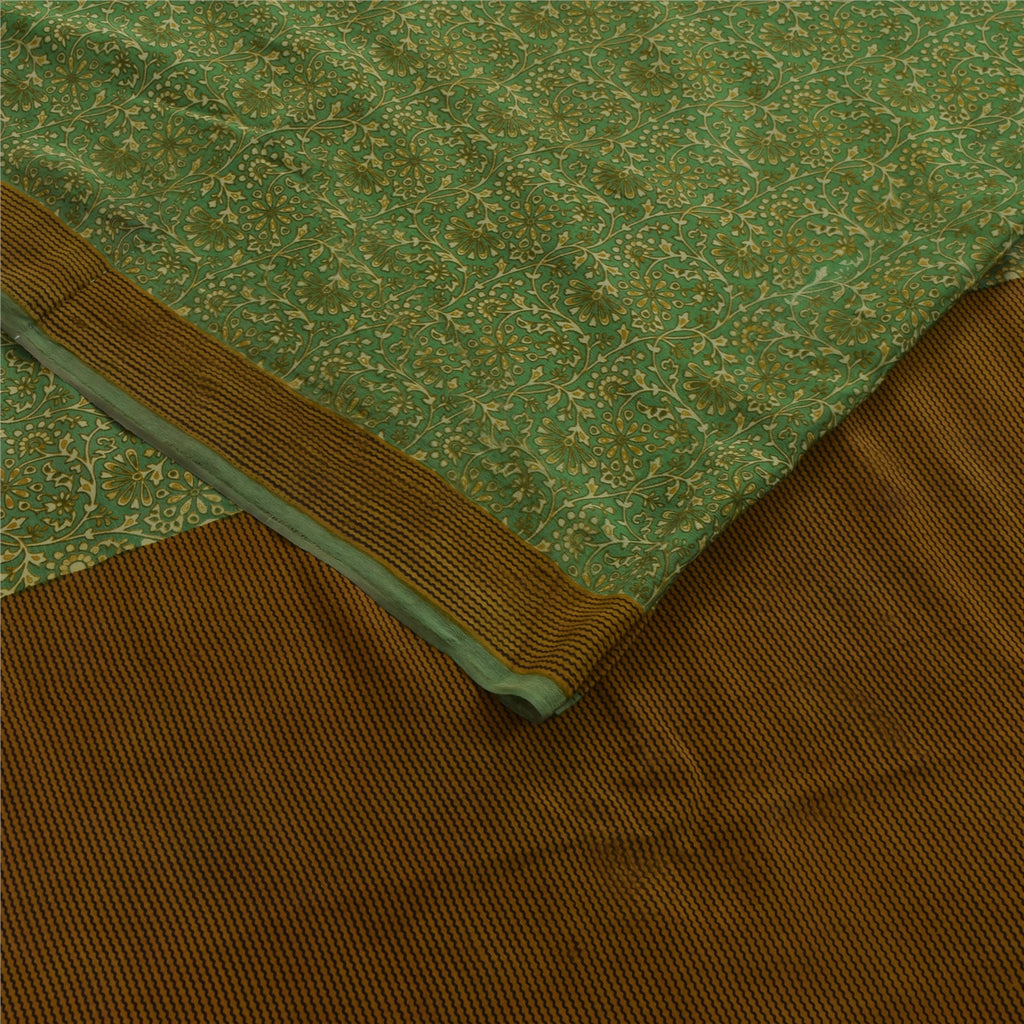 Sanskriti Vintage Sarees Green Pure Crepe Silk Printed Sari 5+yd Craft Fabric
