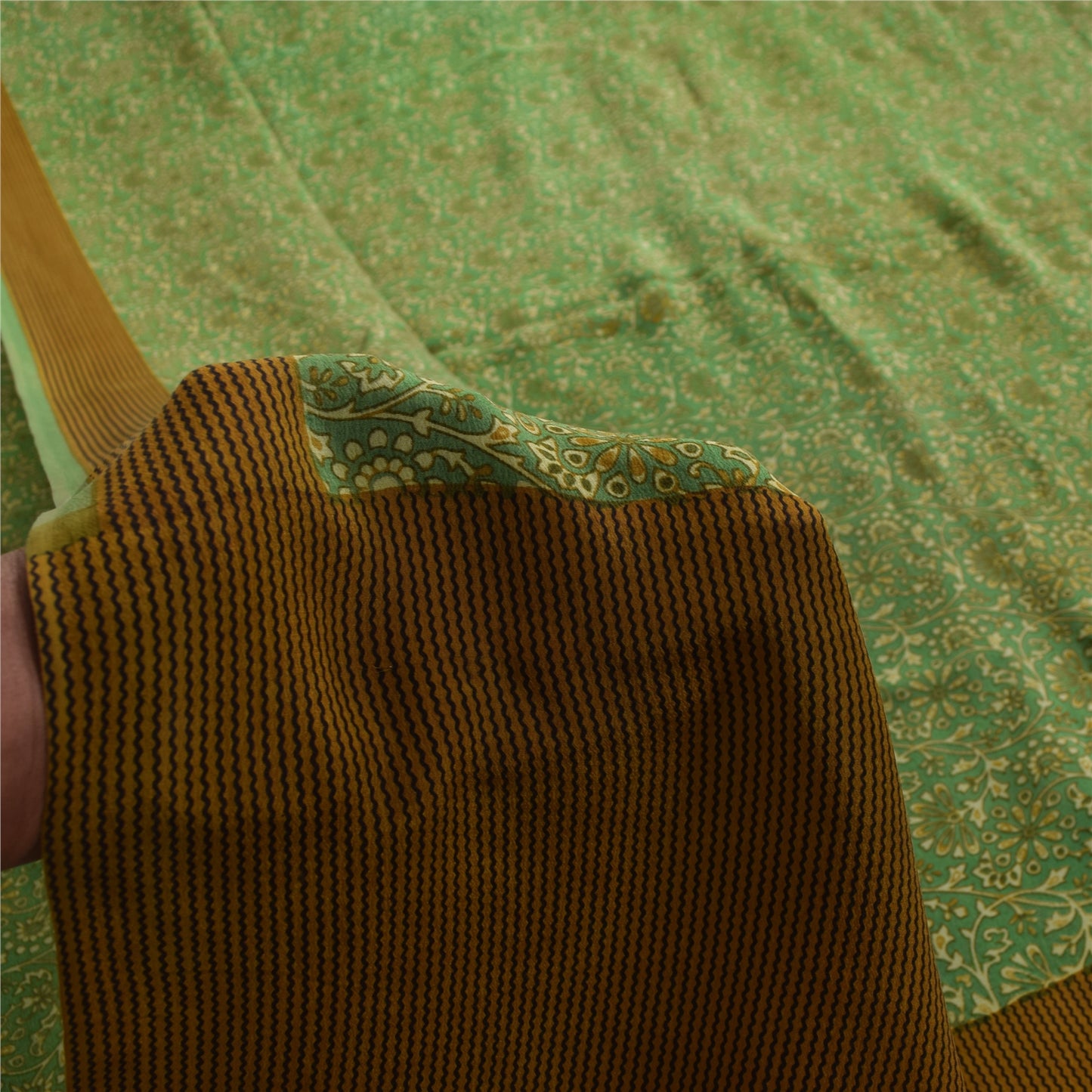 Sanskriti Vintage Sarees Green Pure Crepe Silk Printed Sari 5+yd Craft Fabric