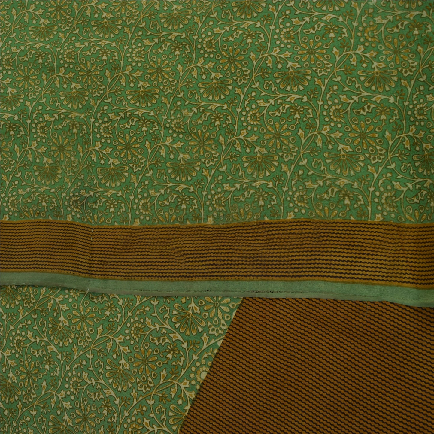 Sanskriti Vintage Sarees Green Pure Crepe Silk Printed Sari 5+yd Craft Fabric