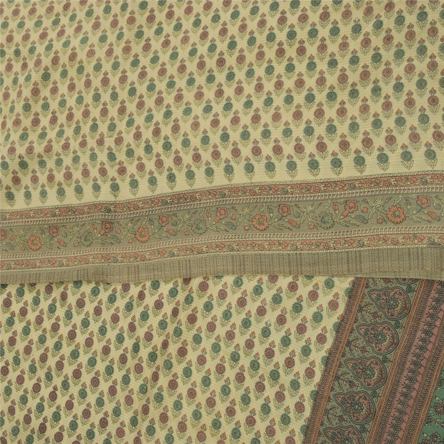 Sanskriti Vintage Sarees Ivory Pure Crepe Silk Printed Sari 5+yd Craft Fabric