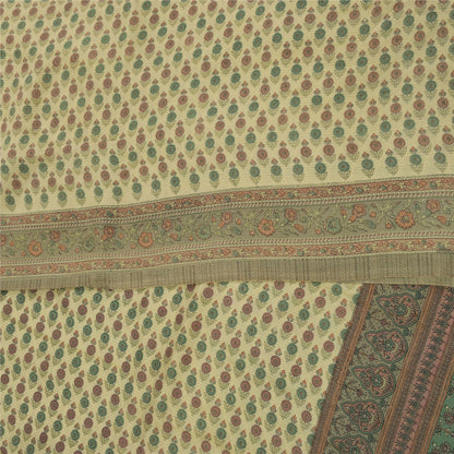 Sanskriti Vintage Sarees Ivory Pure Crepe Silk Printed Sari 5+yd Craft Fabric