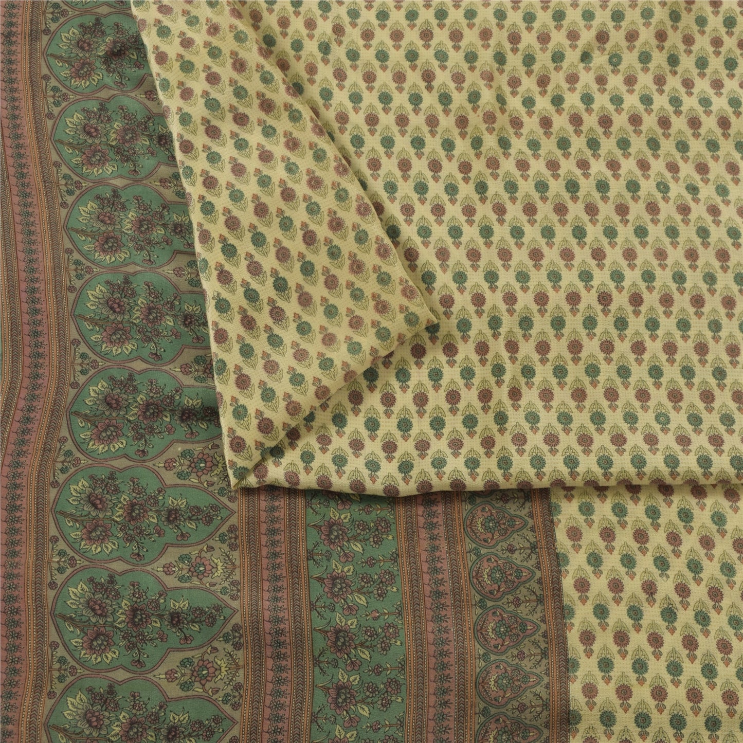 Sanskriti Vintage Sarees Ivory Pure Crepe Silk Printed Sari 5+yd Craft Fabric