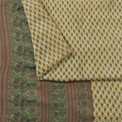 Sanskriti Vintage Sarees Ivory Pure Crepe Silk Printed Sari 5+yd Craft Fabric