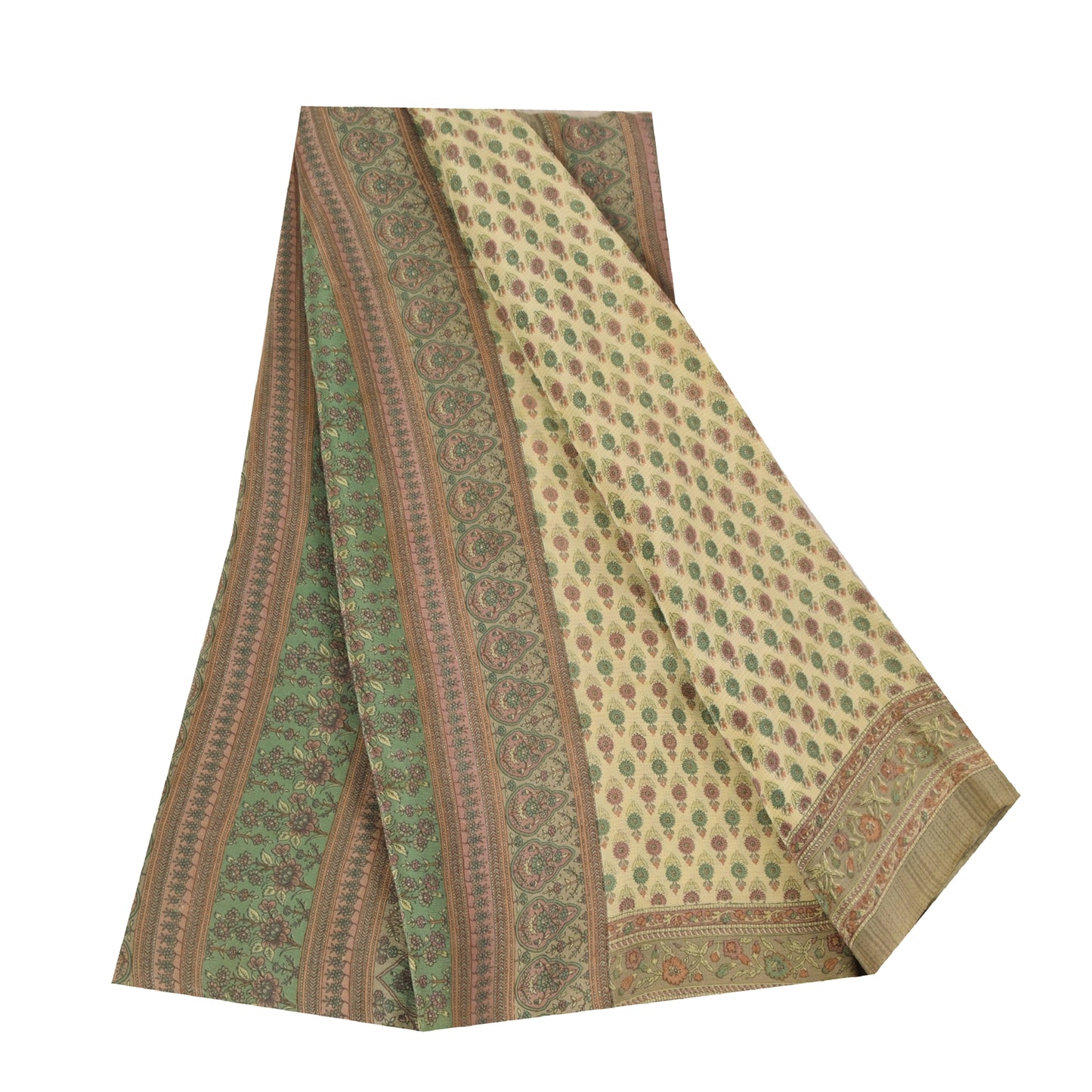 Sanskriti Vintage Sarees Ivory Pure Crepe Silk Printed Sari 5+yd Craft Fabric