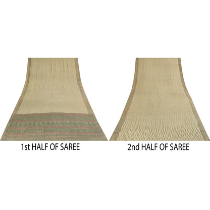 Sanskriti Vintage Sarees Ivory Pure Crepe Silk Printed Sari 5+yd Craft Fabric