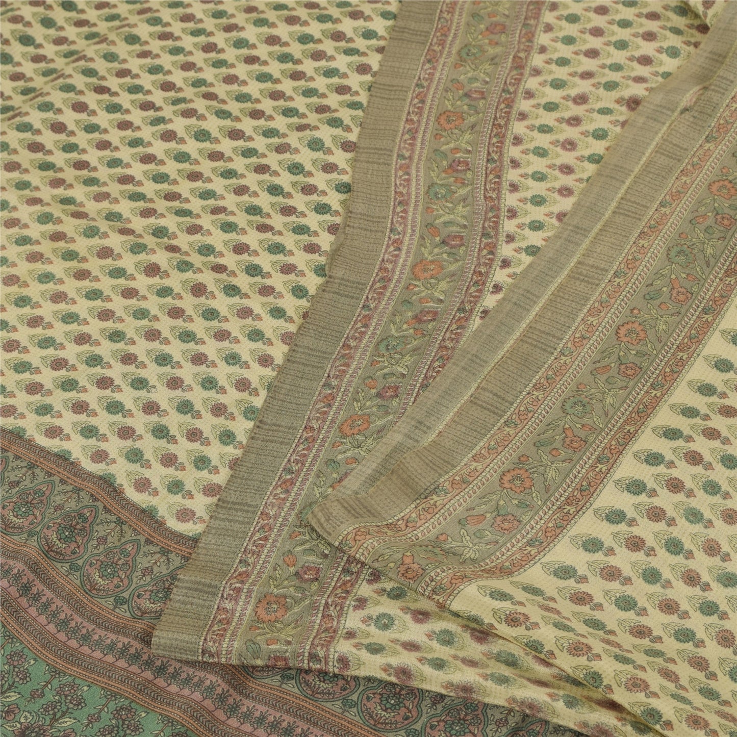 Sanskriti Vintage Sarees Ivory Pure Crepe Silk Printed Sari 5+yd Craft Fabric