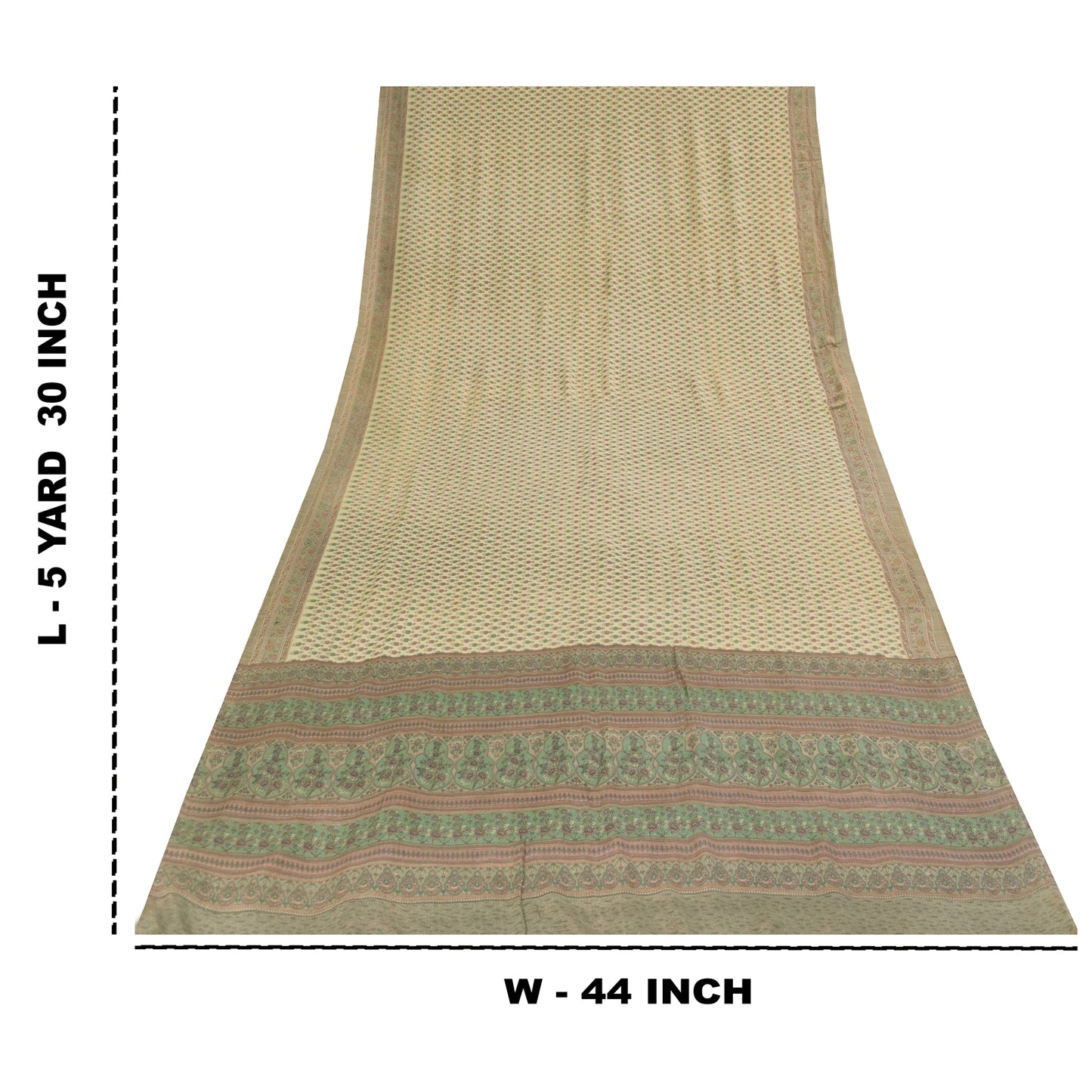Sanskriti Vintage Sarees Ivory Pure Crepe Silk Printed Sari 5+yd Craft Fabric