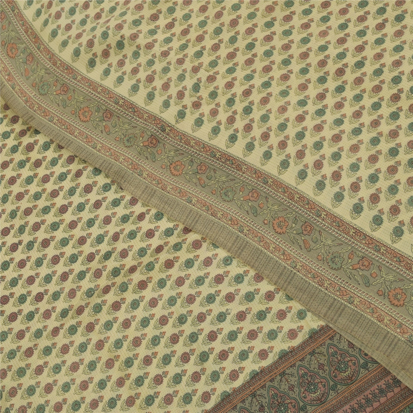 Sanskriti Vintage Sarees Ivory Pure Crepe Silk Printed Sari 5+yd Craft Fabric