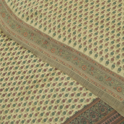 Sanskriti Vintage Sarees Ivory Pure Crepe Silk Printed Sari 5+yd Craft Fabric