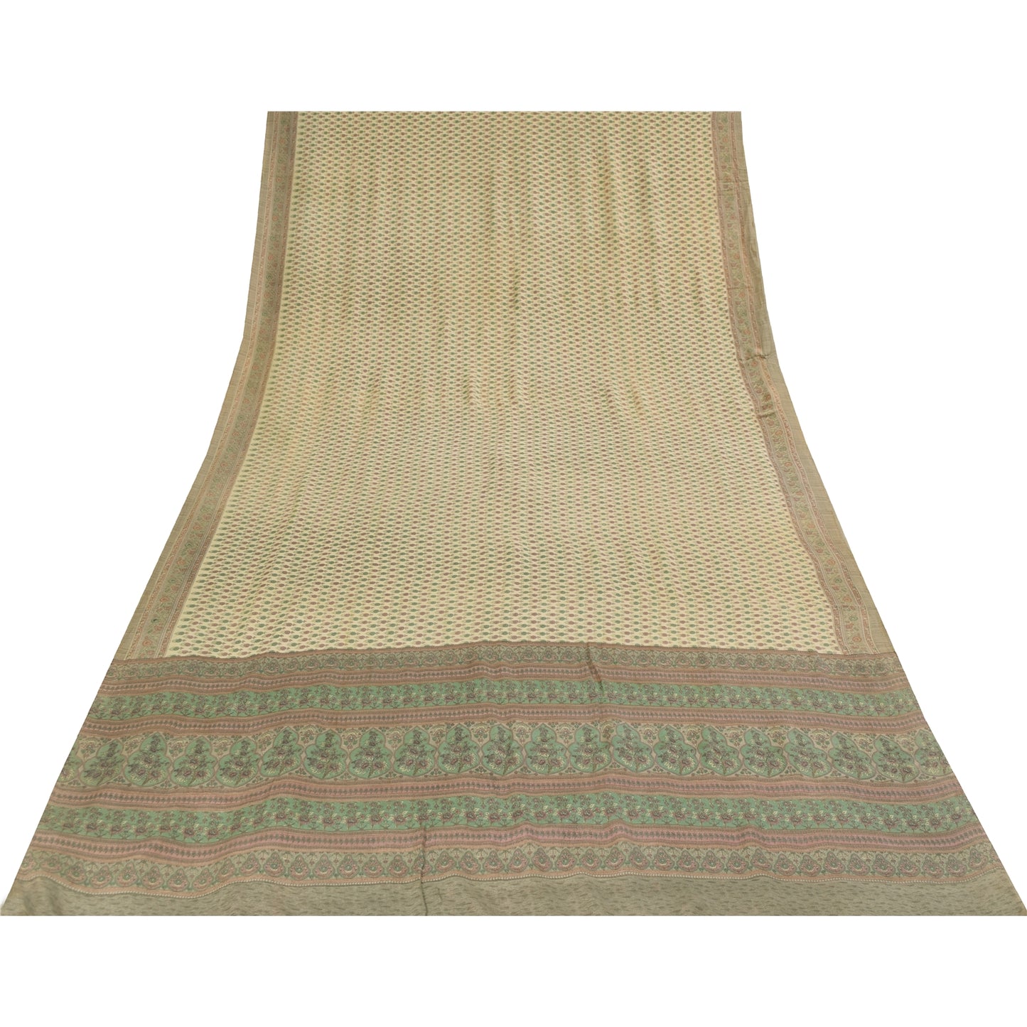 Sanskriti Vintage Sarees Ivory Pure Crepe Silk Printed Sari 5+yd Craft Fabric