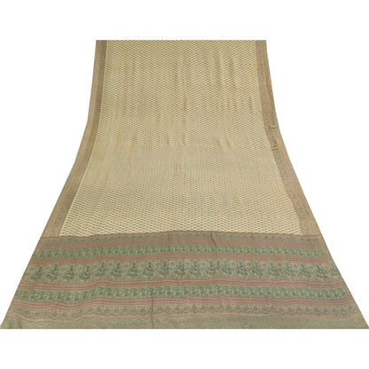 Sanskriti Vintage Sarees Ivory Pure Crepe Silk Printed Sari 5+yd Craft Fabric