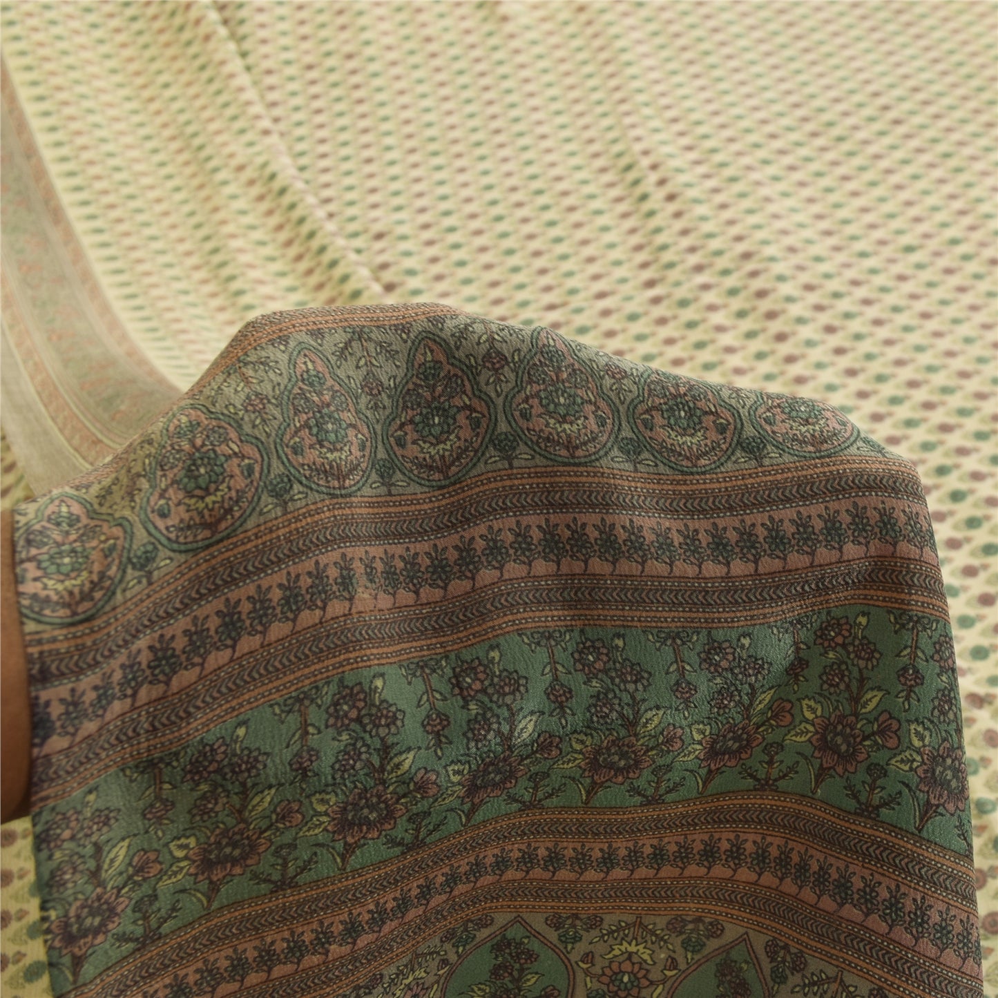 Sanskriti Vintage Sarees Ivory Pure Crepe Silk Printed Sari 5+yd Craft Fabric