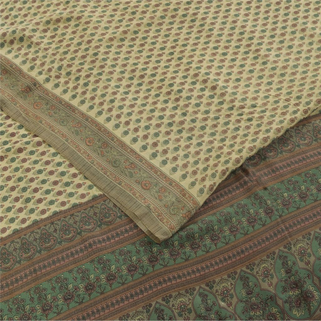 Sanskriti Vintage Sarees Ivory Pure Crepe Silk Printed Sari 5+yd Craft Fabric